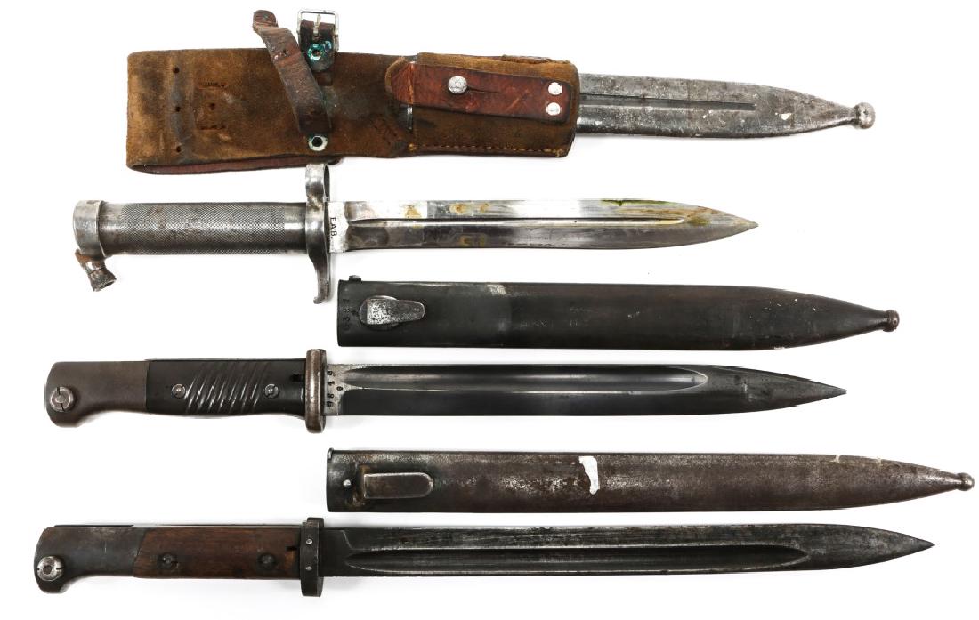 WORLD MILITARY MAUSER RIFLE BAYONET LOT OF 3: WORLD MILITARY MAUSER RIFLE BAYONET LOT OF 3 WWII German K98 combat bayonet with scabbard, blade size: 9.7/8", total size: 15.1/8". Czech VZ24 bayonet with scabbard, blade size: 11.3/4", total size: 1