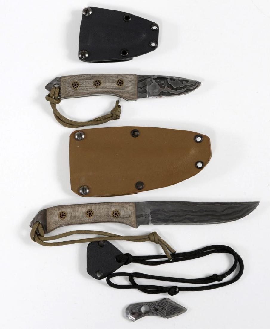 USMC CUSTOM MADE COMBAT KNIFE BY BRYAN BATES: USMC CUSTOM MADE COMBAT KNIFE BY BRYAN BATES Bryan Bates USMC combat knife lot of 3. 2 Fixed blade knives with G10 grip. 1095 high carbon steel Damascus blade. One small 2.5" knife. Blade Length: 5.75