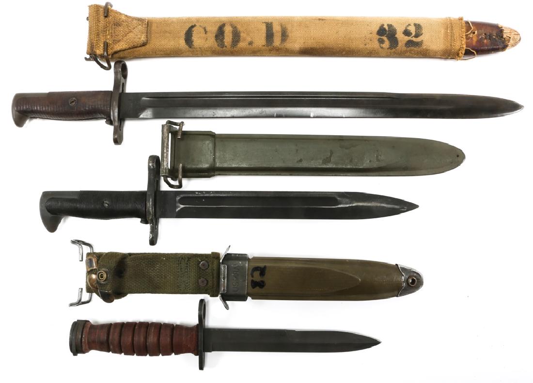 US BAYONET LOT OF 3: US BAYONET LOT OF 3 1- M1 GARAND 60-6 KS bayonet 1- US M8A1 bayonet 1- Springfield 1905, dated 1907 bayonet Overall Length: 12"-21"