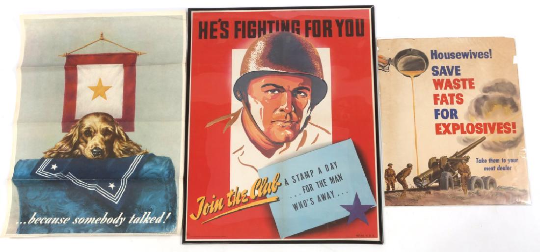 WWII FRAMED WAR POSTER LOT OF 3: WWII FRAMED WAR POSTER LOT OF 3 1- WWII "Housewives Save Waste Fats for Explosives." 1- WWII "He's Fighting for You" 1- WWII "...Because Somebody Talked."