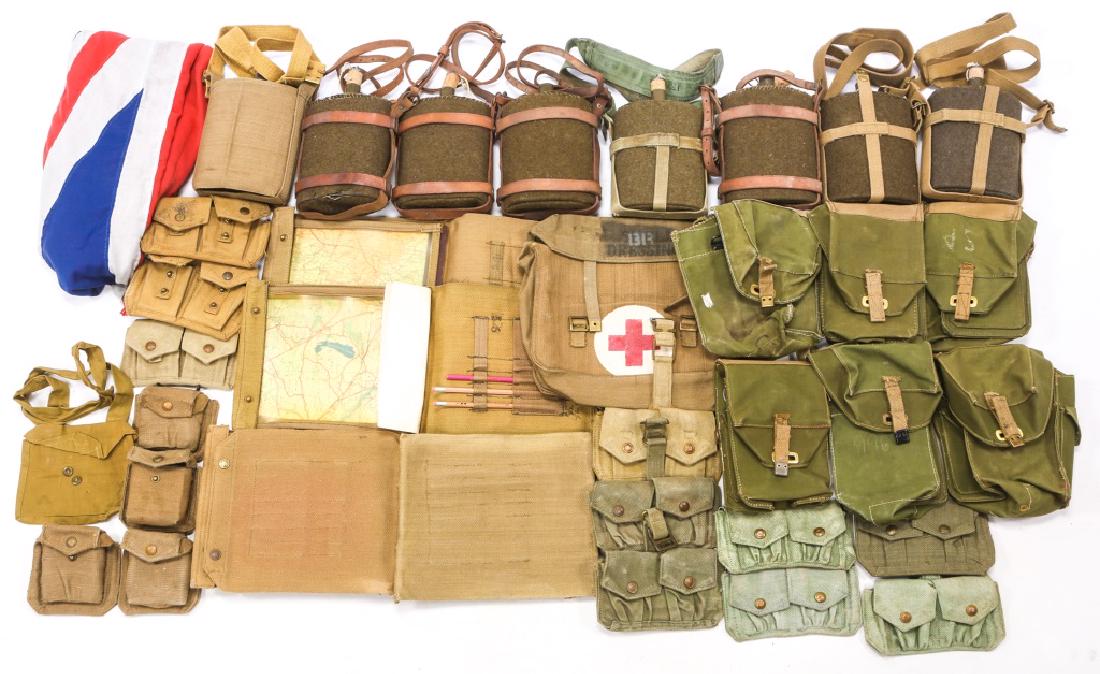 WWII BRITISH MIXED MILITARY ITEM LOT: WWII BRITISH MIXED MILITARY ITEM LOT 9- WWII British canteens with straps. 1-WWII British Union Jack flag. 14- Magazine pouches. 4- Map cases. 1- Medical bag. 6- miscellaneous pouches.