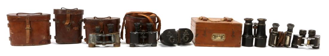 WORLD MILITARY BINOCULAR AND OPTICS LOT OF 10: WORLD MILITARY BINOCULAR AND OPTICS LOT OF 10 Civil War US Signal Service binoculars, Sherwood and Company dated 1915 Mark I binoculars, WWI Deraisme Fab. binoculars, Pair of WWII Japanese optic lense