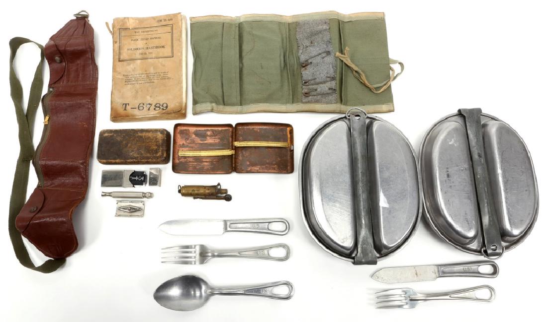 WWII US ARMY MESS KIT & PERSONAL GEAR MIXED LOT: WWII US ARMY MESS KIT & PERSONAL GEAR MIXED LOT Mess kit with silverware, sewing kit, trench lighter, shaving kit, cigarette case, field manual, leather wallet.