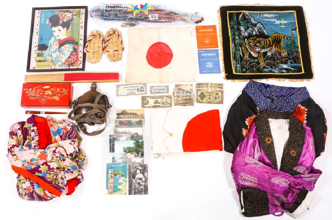 WWII JAPANESE MIXED ITEM LOT: WWII JAPANESE MIXED ITEM LOT 1- Japanese Parasol Umbrella. 1- Large hand fan. 1- Japanese box with village scene. 1- WWII Japanese Army canteen.1- Pair of straw sandals. 2- Small Japanese flags and mo