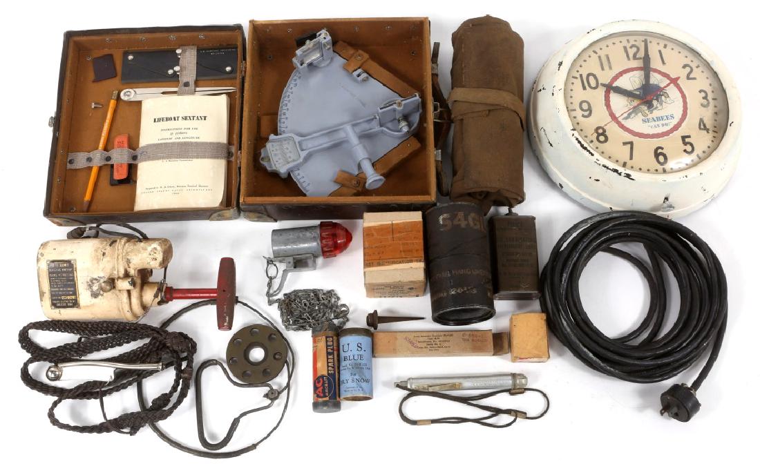WWII US MILITARY MISCELLANEOUS ITEM LOT OF 14: WWII US MILITARY MISCELLANEOUS ITEM LOT OF 14 US Army blasting machine, Seebees clock, lifeboat sextant (in box) , TNT Frag. hand grenade MK-2 container M41, aircraft sparkplug, pocket flashlight, fus