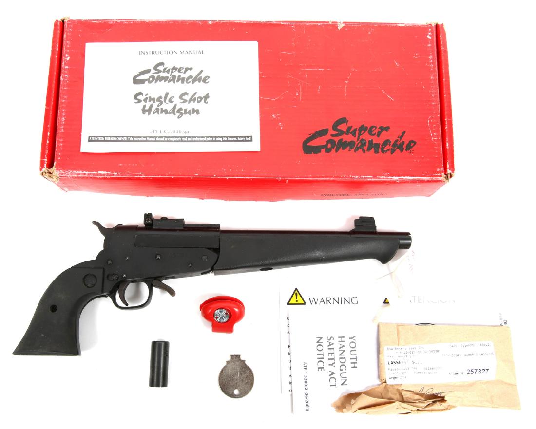 RSA ENTERPRISES SUPER COMANCHE .45LC/.410: RSA ENTERPRISES SUPER COMANCHE .45LC/.410 RSA enterprises Super Comanche .45/.410 bore single shot pistol. Model: SUPER COMANCHE Caliber / Gauge: .410/.45LC Barrel Length: 10" Serial Number: 257327