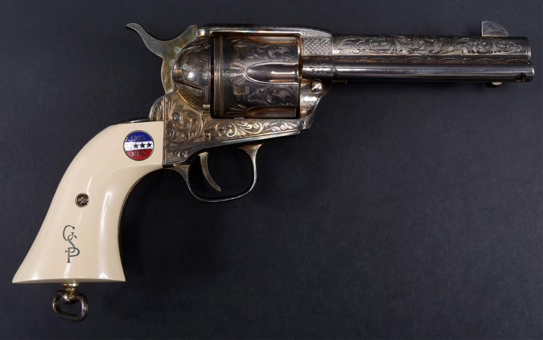 UBERTI COLT MODEL 1873 SAA PATTON COMMEMORATIVE: UBERTI COLT MODEL 1873 SAA PATTON COMMEMORATIVE Colt model 1873 SAA Uberti Patton Commemorative .45 cal revolver. Sterling silver finish, with ornate engraving. Handle inscribed with "GSP" and "PAF," 