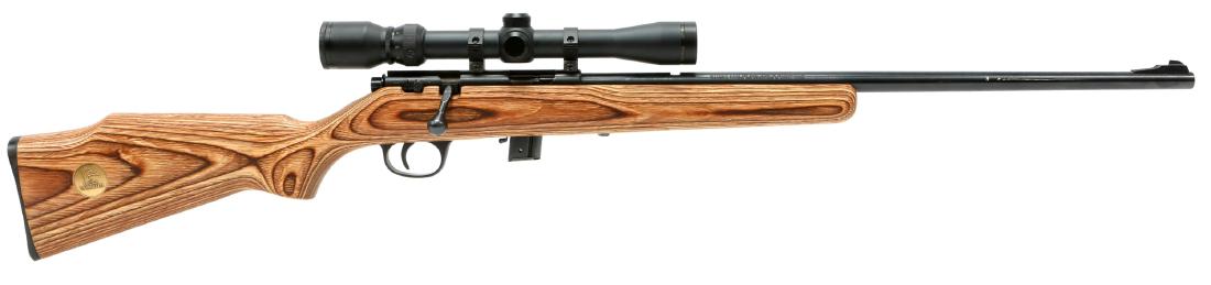 MARLIN MODEL 25N DUCKS UNLIMITED .22 CAL RIFLE: MARLIN MODEL 25N DUCKS UNLIMITED .22 CAL RIFLE Marlin model 25N .22LR bolt-action rifle with Simmons model 1039 3-9 x 32 scope, and magazine. Laminated stock. Ducks Unlimited medallion set in right bu