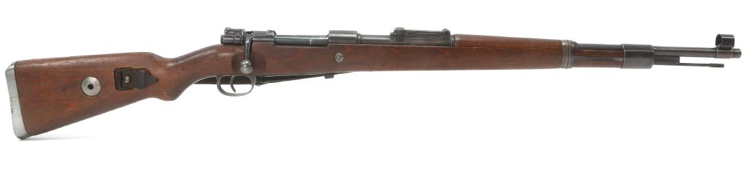 WWII GERMAN MAUSER MODEL K98 CARBINE: WWII GERMAN MAUSER MODEL K98 CARBINE 42 byf stamped to top of receiver. Four Waffenamt stamps, two coded 135. Buttplate stamped Gom 41. Matching serial numbers on receiver, floorplate, rear sight and 