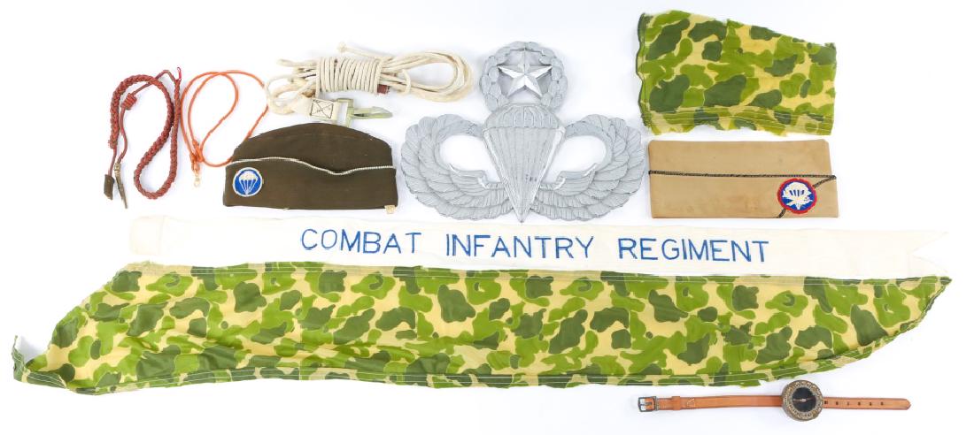 WWII US ARMY AIRBORNE MIXED LOT: WWII US ARMY AIRBORNE MIXED LOT WWII US Airborne overseas hats, Enlisted and Officer. US Corps of Engineer wrist compass. Holland & French cords. 14" x 1" rubber made jump wings insignia and more...