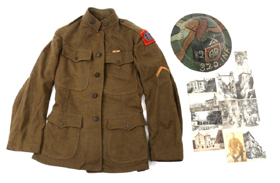 WWI US ARMY AEF 325th INF 82nd DIVISION GROUPING: WWI US ARMY AEF 325th INF 82nd DIVISION GROUPING WWI AEF 325th infantry regiment, 82nd infantry division tunic and painted helmet. Post card picture of Franck F. Hock. set of 9 post card of Aix -les B
