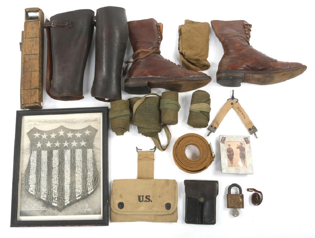 WWI US ARMY AEF FIELD GEAR MIXED LOT: WWI US ARMY AEF FIELD GEAR MIXED LOT WWI US Army AEF field gear lot. Leather leggings, trench periscope, pouches, picture boots and more...
