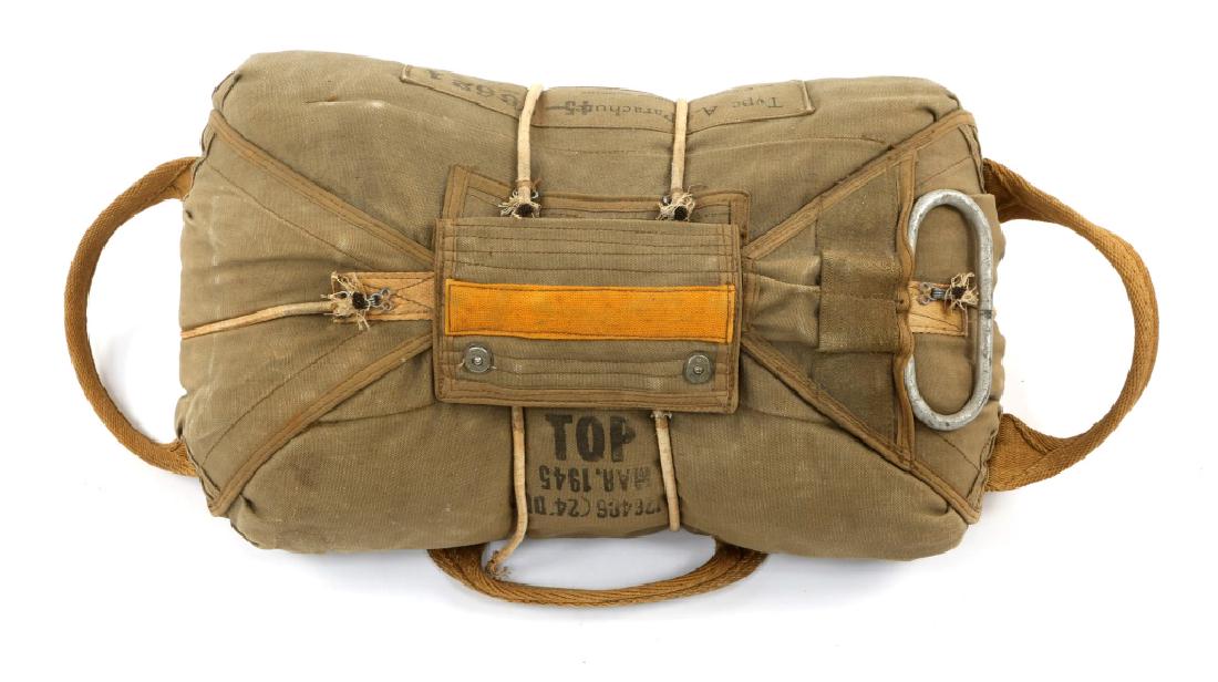 WWII US PARATROOPER CHEST PARACHUTE TYPE A5: WWII US PARATROOPER CHEST PARACHUTE TYPE A5 WWII Type A5 chest parachute, Mfg by Switlik parachute Co. Parachute log book with last packing / inspection dated 1945. The type A5 reserve parachute was u