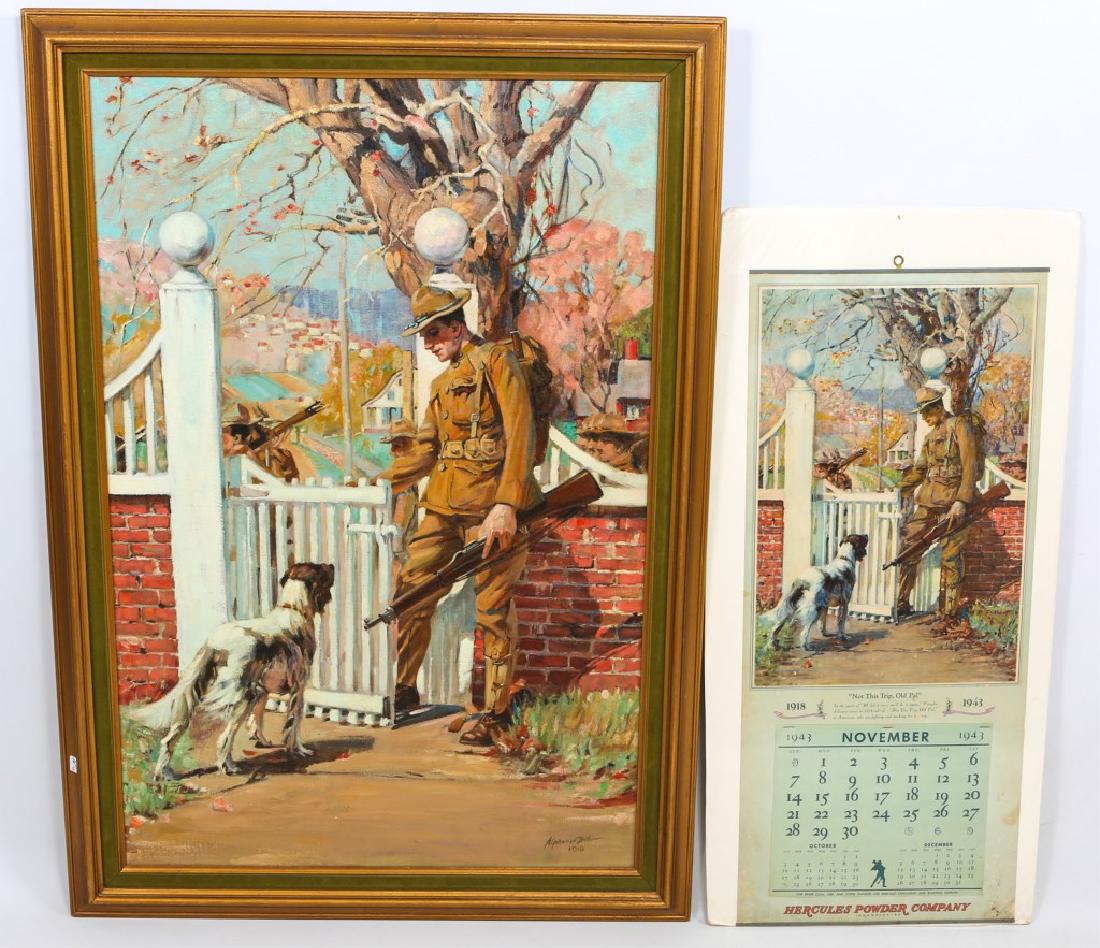 WWI PAINTING "NOT THIS TRIP, OLD PAL" AFTER FULLER: WWI PAINTING "NOT THIS TRIP, OLD PAL" AFTER FULLER Oil painting of "Not This Trip, Old Pal" after Arthur D. Fullers original. Signed "Alphonse Bihr 1918" in lower right corner. Canvas shows age. Hercu