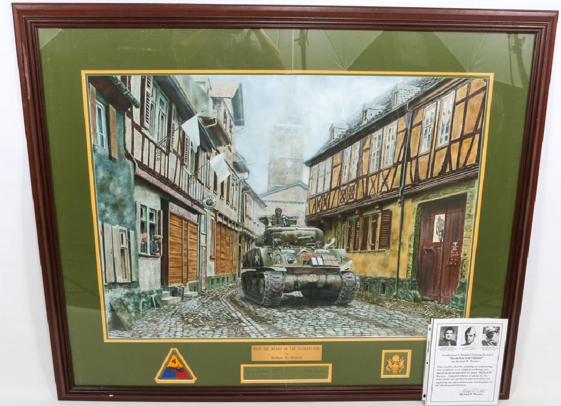 WWII 4th ARMORED DIVISION SIGNED LITHOGRAPH: WWII 4th ARMORED DIVISION SIGNED LITHOGRAPH Professionally framed, 4th Armored Division " Into the heart of the fatherland " lithograph by Michael W. Wooten with signatures of the tank crew members. S