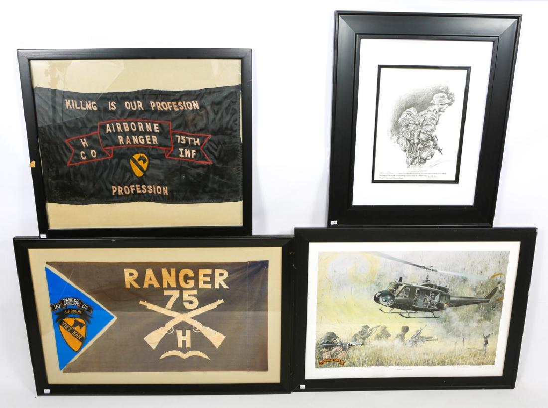 VIETNAM WAR 1st CAVALRY RANGER FLAG & POSTER LOT: VIETNAM WAR 1st CAVALRY RANGER FLAG & POSTER LOT Vietnam era, 1st Cavalry, 75th Infantry Rangers H. Co framed pennant with patches ( 16" x 28" ). 75th Inf, Ranger "Killing is our profession", made in 