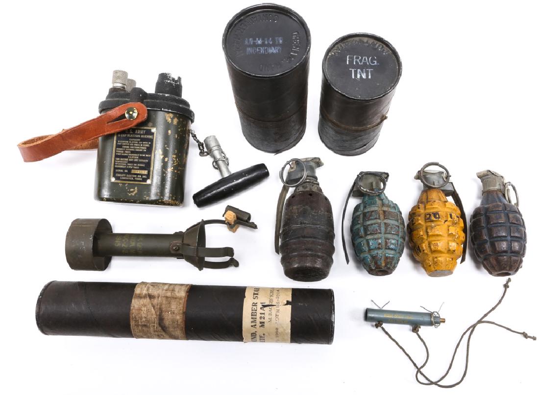 WWII US ARMY GRENADE & ORDNANCE MIXED LOT: WWII US ARMY GRENADE & ORDNANCE MIXED LOT Inert lot of three frag and one gas grenades. Lot of two grenade containers.