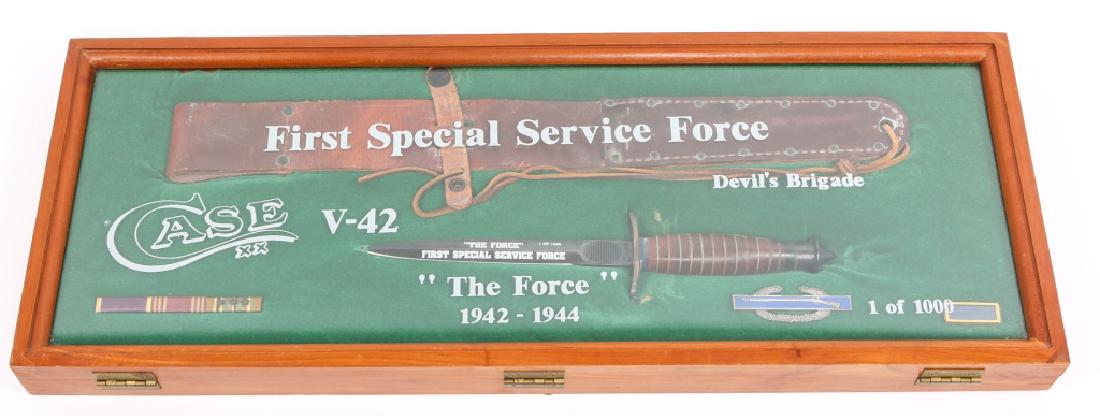 CASE V-42 KNIFE SPECIAL EDITION 1st SSF 1 0F 1000: CASE V-42 KNIFE SPECIAL EDITION 1st SSF 1 0F 1000 US Army First Special Service Force V-42 combat knife. Special commemorative edition, 1 of 1000, wood presentation box. Blade Length: 7.7/16" Overall 