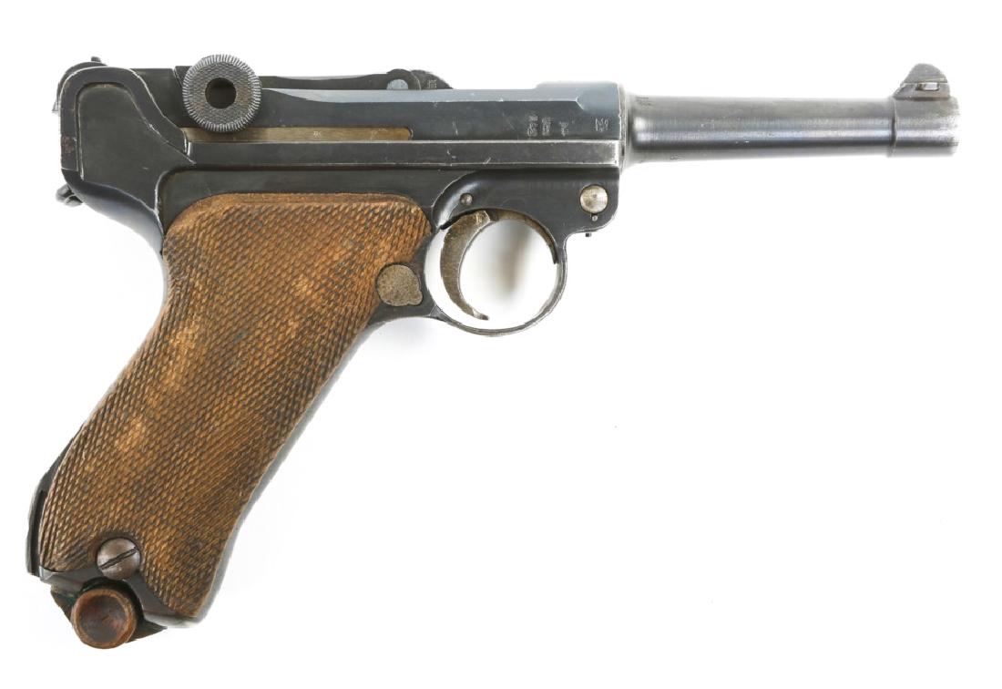 1918 ERFURT LUGER PISTOL: 1918 ERFURT LUGER PISTOL Matching serial numbers including Erfurt wood bottom magazine. Model: P08 Caliber / Gauge: 9mm Barrel Length: 4" Serial Number: 435 Provenance: Firearm Collection of Richard E