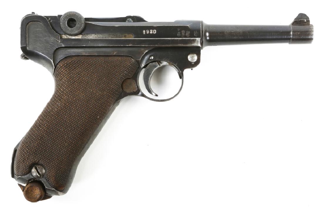 1918 ERFURT LUGER PISTOL DOUBLE DATE ARMY REWORK: 1918 ERFURT LUGER PISTOL DOUBLE DATE ARMY REWORK Matching serial numbers except wood bottom magazine which has 7023 electro-penciled on spine. 1920 stamped in right receiver. Model: P08 Caliber / Gaug