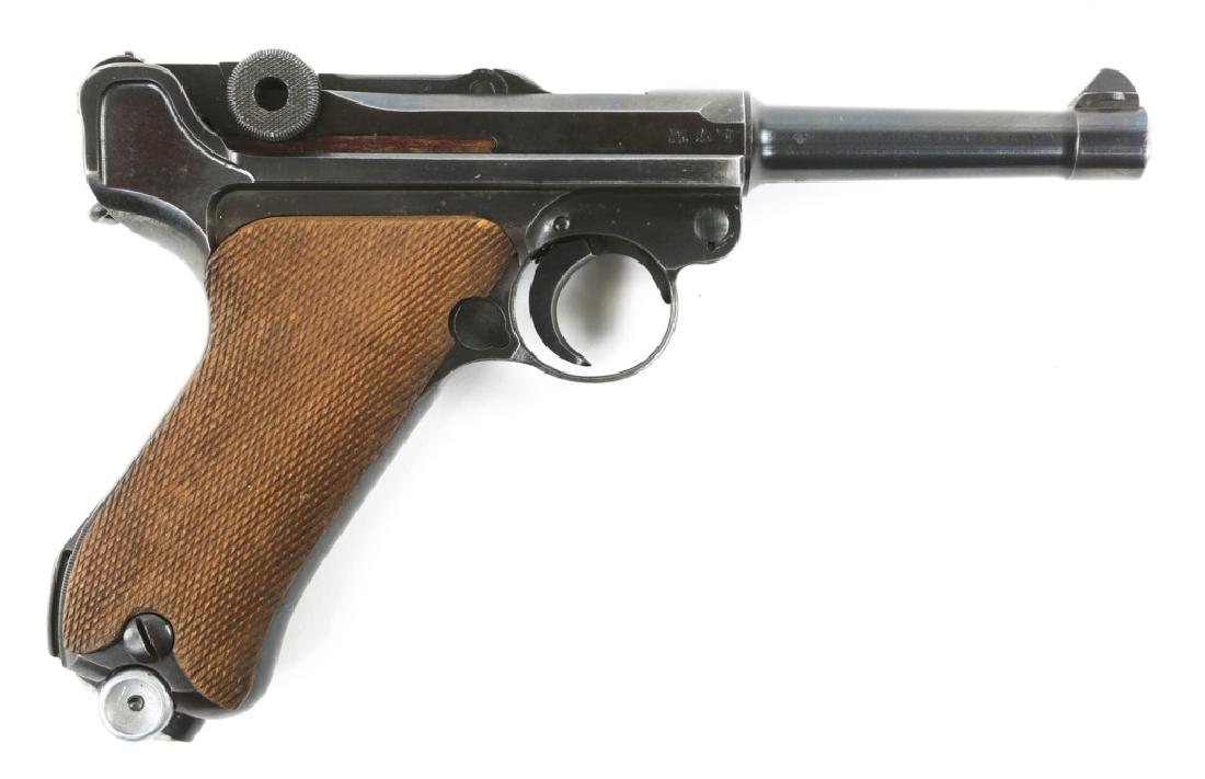 MAUSER 41/42 CODE P.08 LUGER PISTOL: MAUSER 41/42 CODE P.08 LUGER PISTOL Matching serial numbers except unnumbered fxo P.08 magazine. Model: P08 Caliber / Gauge: 9mm Barrel Length: 4" Serial Number: 243 Provenance: Firearm Collection of 