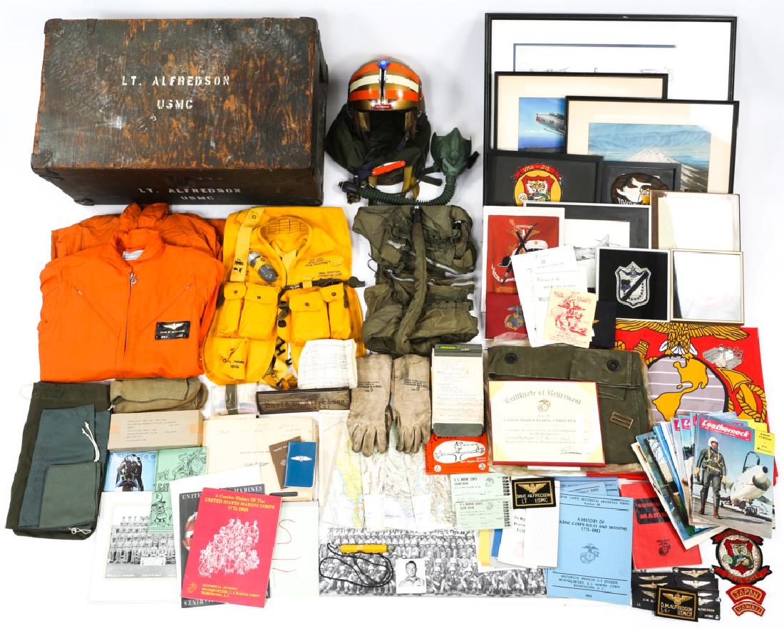 KOREA - VIETNAM NAVY USMC NAMED PILOT GROUPING: KOREA - VIETNAM NAVY USMC NAMED PILOT GROUPING Korea - Vietnam era, USMCR Captain M. Alfredson, VMA-212, large grouping. Flight helmet with mask, two orange flight suits, flight gear, dogtags, framed 