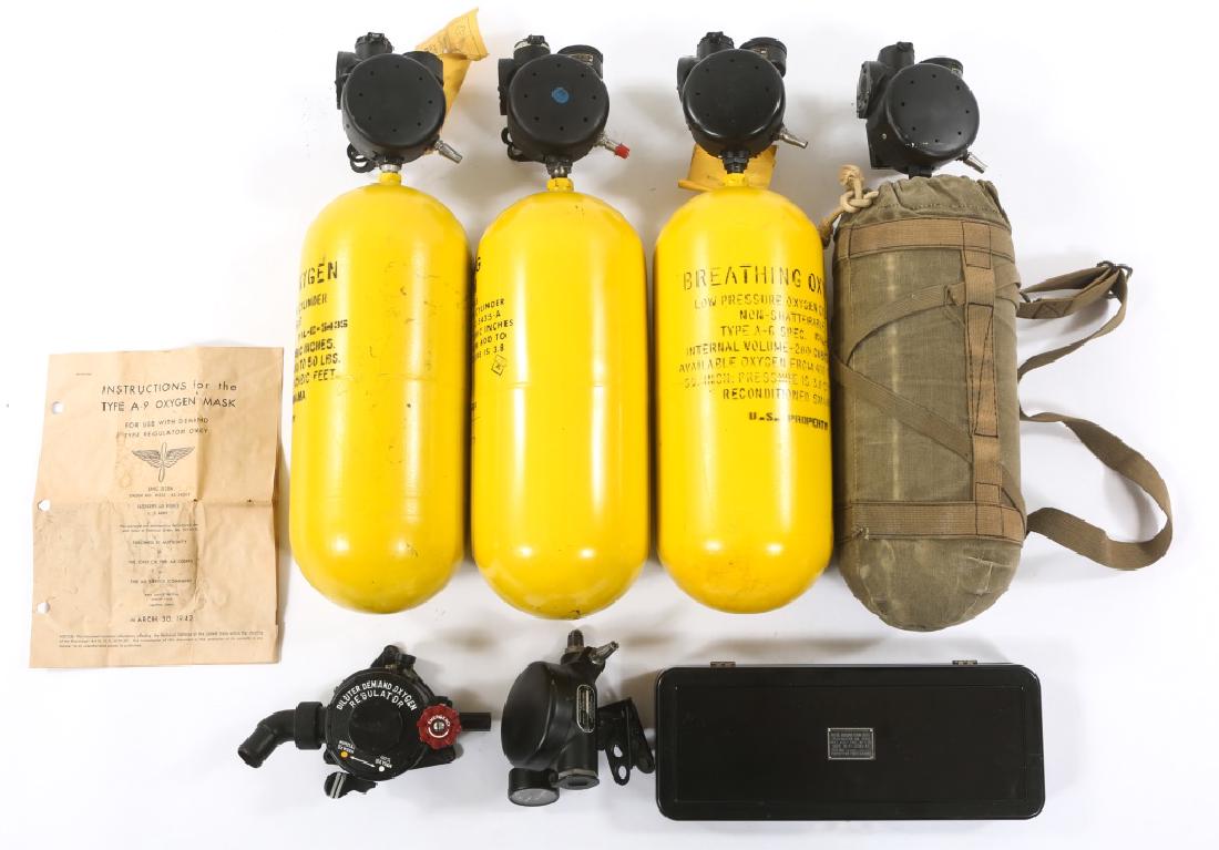 KOREAN WAR US AVIATORS OXYGEN TANK LOT: KOREAN WAR US AVIATORS OXYGEN TANK LOT Korean War US aviators oxygen bottle and regulator lot. Includes 4- Type A-6 oxygen tanks and 2 additional regulators. Size: 19"x5.5"