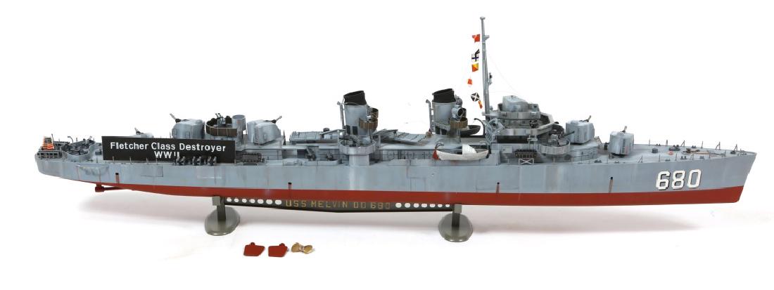 WWII US DESTROYER USS MELVIN SCALE MODEL: WWII US DESTROYER USS MELVIN SCALE MODEL Detailed plastic scale model of Fletcher class destroyer USS Melvin. Size: 35" X 12" X 4"