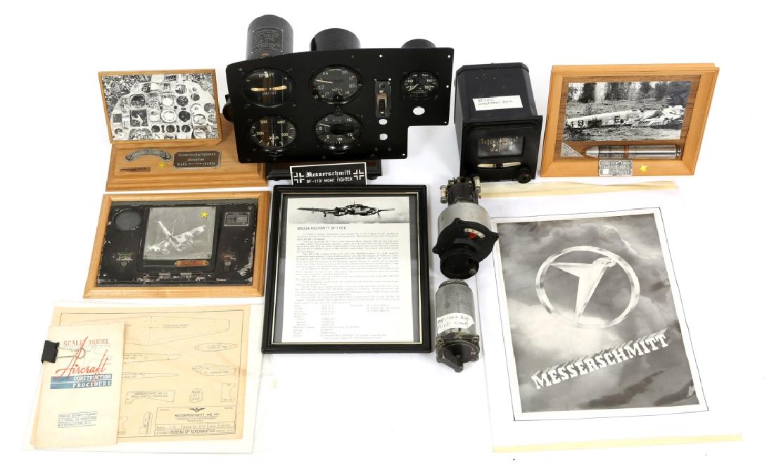 WWII GERMAN BF-110C AIRCRAFT INSTRUMENTS & PARTS: WWII GERMAN BF-110C AIRCRAFT INSTRUMENTS & PARTS Display model instrument panel built by Rees displaying indicators for German BF-110 C MesserSchmitt airplane. Includes pieces recovered from planes, s