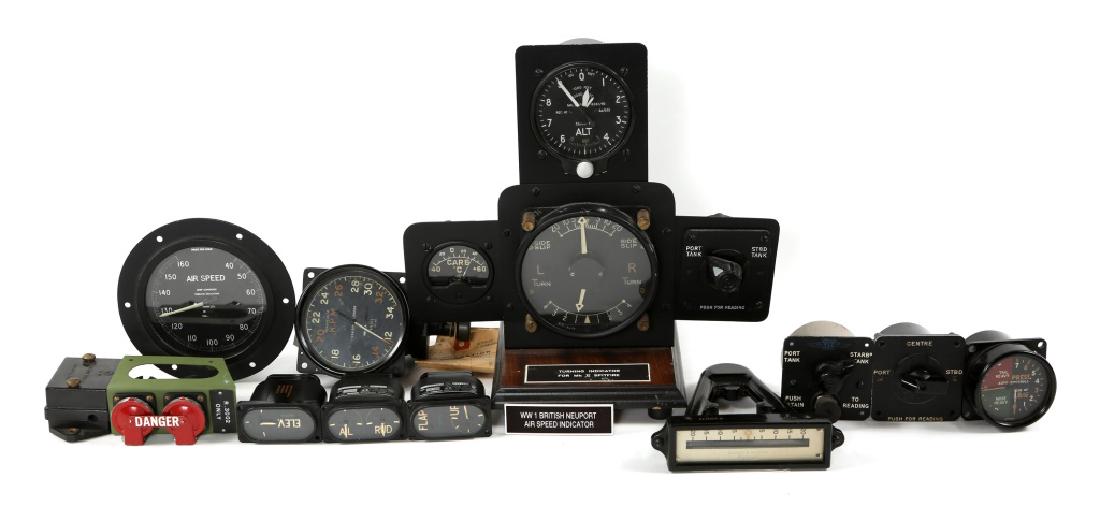 WWII ERA BRITISH AIRCRAFT INSTRUMENTS & GAUGES: WWII ERA BRITISH AIRCRAFT INSTRUMENTS & GAUGES Includes turning indicator display for MKII Spitfire, fuel switch for Westland Whirlwind and Avro Lancaster pilot display and other indicators.