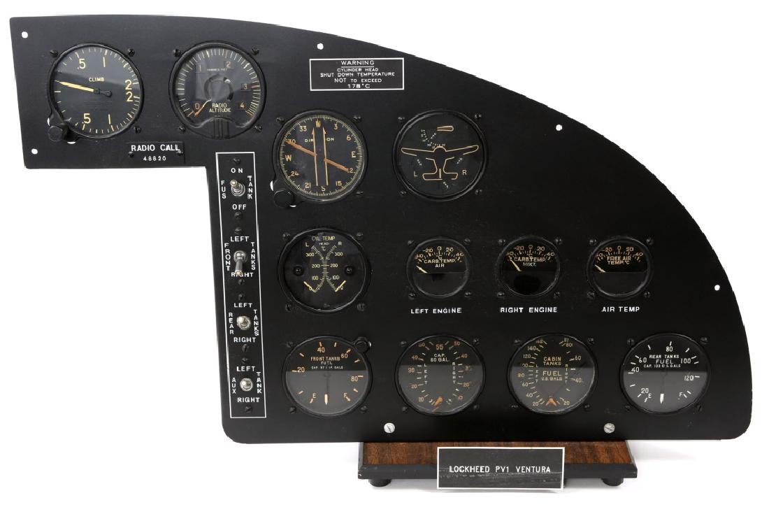 WWII US PV1 VENTURA AIRCRAFT INSTRUMENT PANEL: WWII US PV1 VENTURA AIRCRAFT INSTRUMENT PANEL Reduced size model instrument panel section, designed and built by Rees, displaying indicators of Lockheed PV1 Ventura. Size: 15"x24"