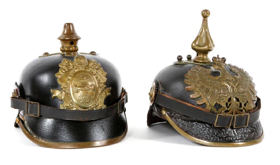 WWI GERMAN IMPERIAL PICKELHAUBE HELMET LOT OF 2: WWI GERMAN IMPERIAL PICKELHAUBE HELMET LOT OF 2 WWI German Imperial Pickelhaube helmets lot. 1- M1895 Imperial Prussian reserve Pickelhaube. 1- M1895 city Firefighter Pickelhaube.
