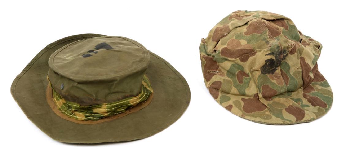 WWII - KOREA USMC CUSTOM MADE FIELD & RAIN HAT LOT: WWII - KOREA USMC CUSTOM MADE FIELD & RAIN HAT LOT One custom made Korea or early Vietnam War USMC field cap, and one WWII USMC rain hat, made by Archer Rubber Co., dated Nov. 30th 1943, with hat band