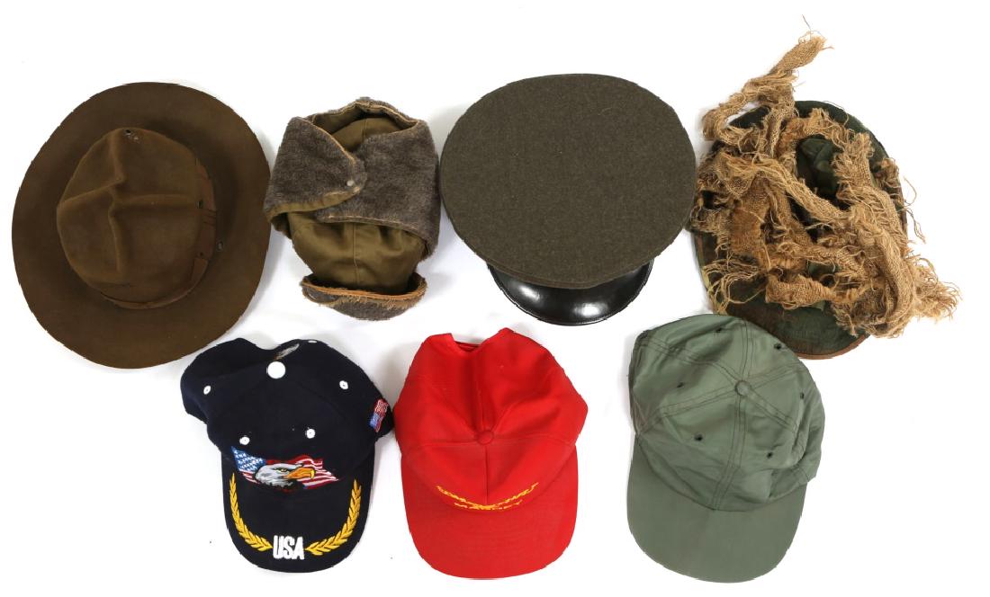 VIETNAM WAR US HAT MIXED LOT OF 7: VIETNAM WAR US HAT MIXED LOT OF 7 One US M1951 pile cap, one Korean War era campaign hat, one Vietnam era USMC visor, and more. Size: S-L
