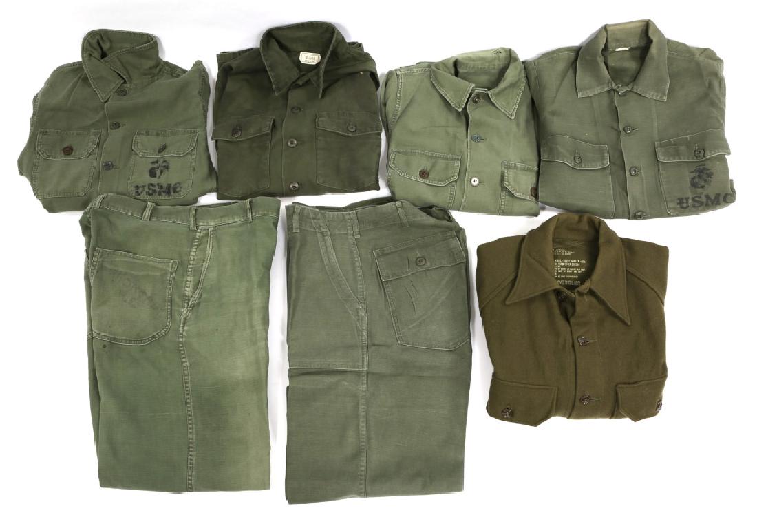KOREAN WAR USMC OD GREEN UTILITY SHIRT & PANT LOT: KOREAN WAR USMC OD GREEN UTILITY SHIRT & PANT LOT Four OD green USMC utility shirts, two OD green USMC utility pants, one USMC wool field shirt. Size: S-L