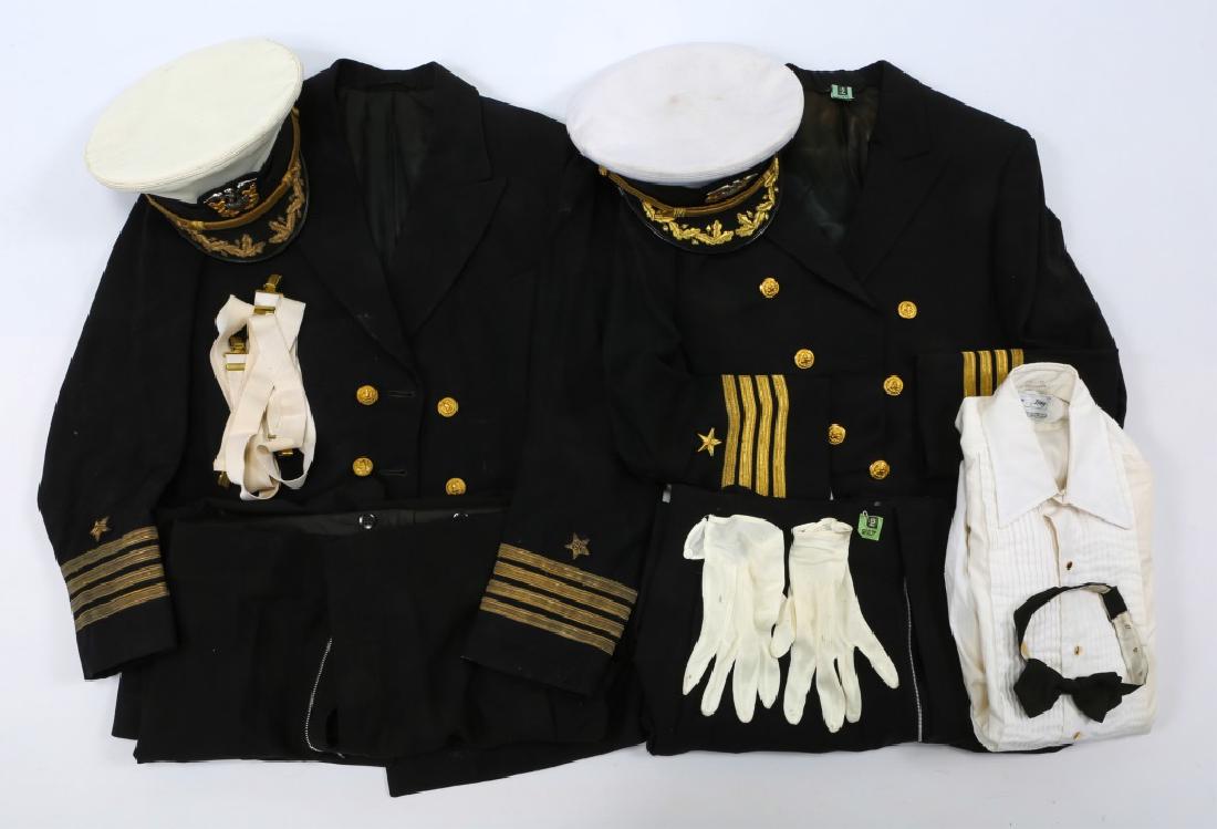 US NAVY CAPTAIN DRESS UNIFORM WITH HAT LOT OF 2: US NAVY CAPTAIN DRESS UNIFORM WITH HAT LOT OF 2 US Navy dress evening, named to Captain Hickey, tunic, pants & hat. Service dress named to Captain Blackmod, tunic, pants, shirt & bow tie, hat.