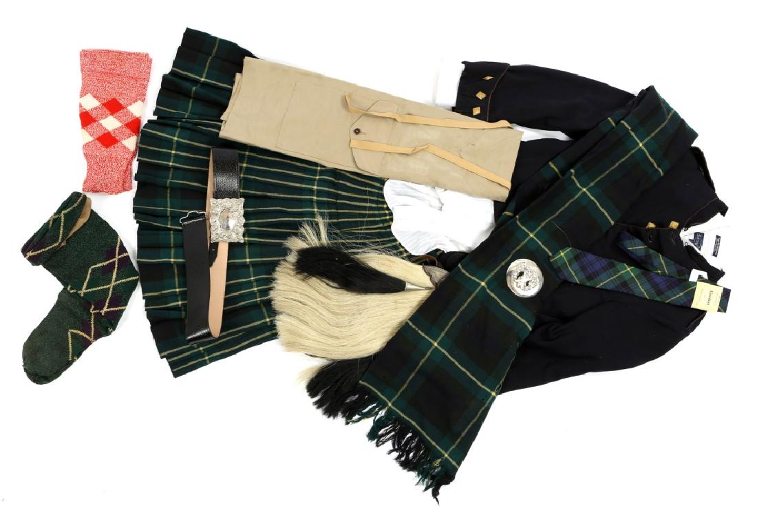 1960s SCOTTISH HIGHLANDER UNIFORM LOT: 1960s SCOTTISH HIGHLANDER UNIFORM LOT Includes coat, shirt, scarf, kilt, kilt apron, sporran, socks, tie, and more. Sporran marked "To John Bryce from a Dear Friend 1905." Size: 17 34/35
