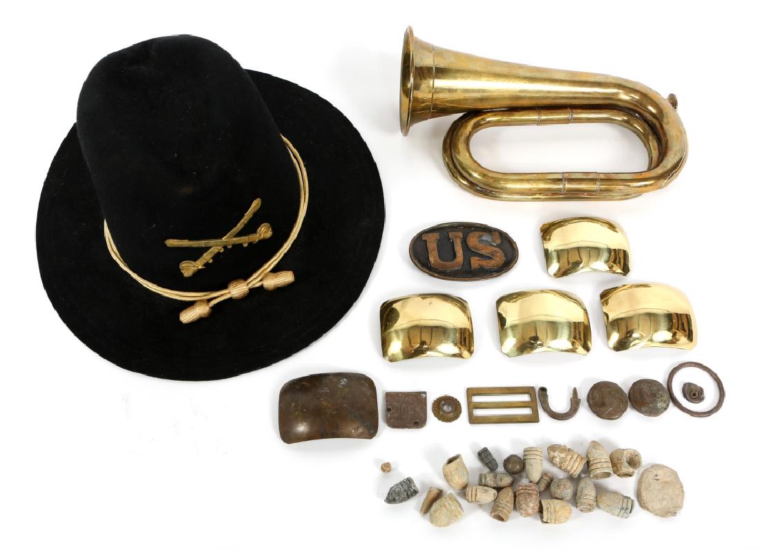 CIVIL WAR REENACTMENT MIXED LOT: CIVIL WAR REENACTMENT MIXED LOT Bugle, buckles, Cavalry hat. Includes some real Civil War (dug) rounds and Indian Wars buckle, and more. Size: 7.25