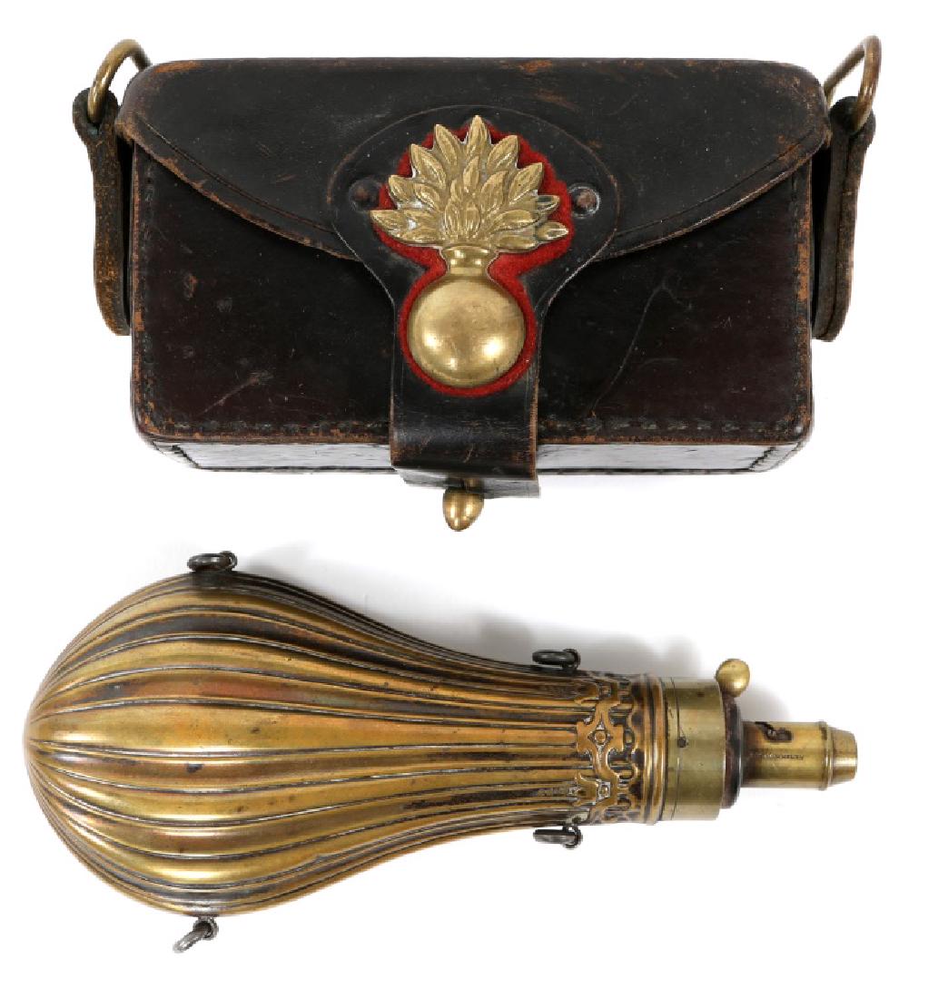 GIBERNE & POWDER FLASK LOT OF 2: GIBERNE & POWDER FLASK LOT OF 2 Good quality early 19th Century Copper and Brass three charge measuring device powder flask by J&G Hawksley of England. Scalloped design. Makers name engraved on spout.