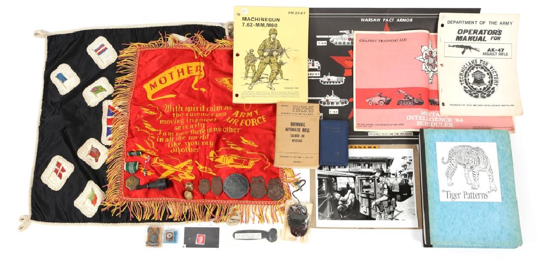 WWII WORLD MILITARY MIXED ITEM LOT: WWII WORLD MILITARY MIXED ITEM LOT Includes WWII US issued Bible, machine manuals (BAR, M60, AK-47, Vietnam War reference book, Fire Dept. Badges, and more.