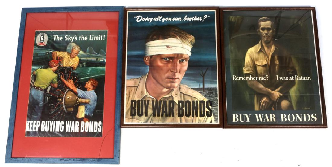WWII US FRAMED WAR POSTER LOT OF 3: WWII US FRAMED WAR POSTER LOT OF 3 1- "The Sky's the Limit" war poster. 1- "Doing All You Can, Brother?" war poster. 1- "Remember Me? I was at Bataan" war poster.