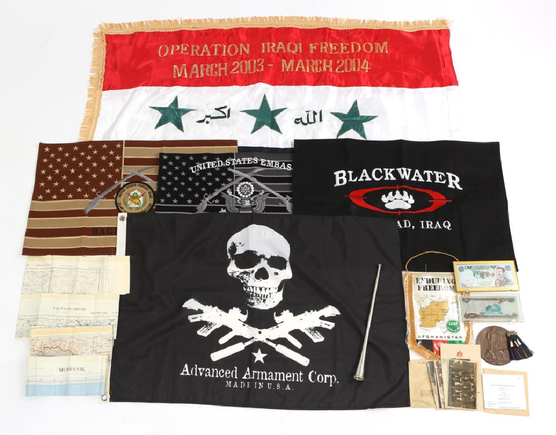 WORLD FLAG, SILK MAP & CURRENCY LOT: WORLD FLAG, SILK MAP & CURRENCY LOT Two bank notes from Iraq. A World War I British memorial bronze medallion, also known as a “Dead Man’s Penny” issued in the name of Robert Alexander Kemp, ins