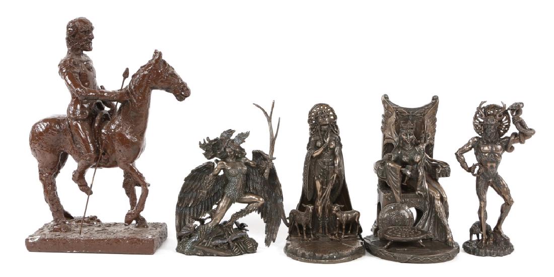 DON QUIXOTE & PAGAN STATUARY LOT OF 5: DON QUIXOTE & PAGAN STATUARY LOT OF 5 Four metal figures and resin Don Quixote statue. Size: 12"