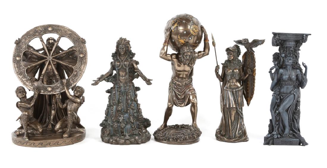 MYSTICAL FIGURES STATUARY LOT OF 5: MYSTICAL FIGURES STATUARY LOT OF 5 Five mystical statues, resin, depicting figures such as Atlas and Athena. Size: 8"-10"
