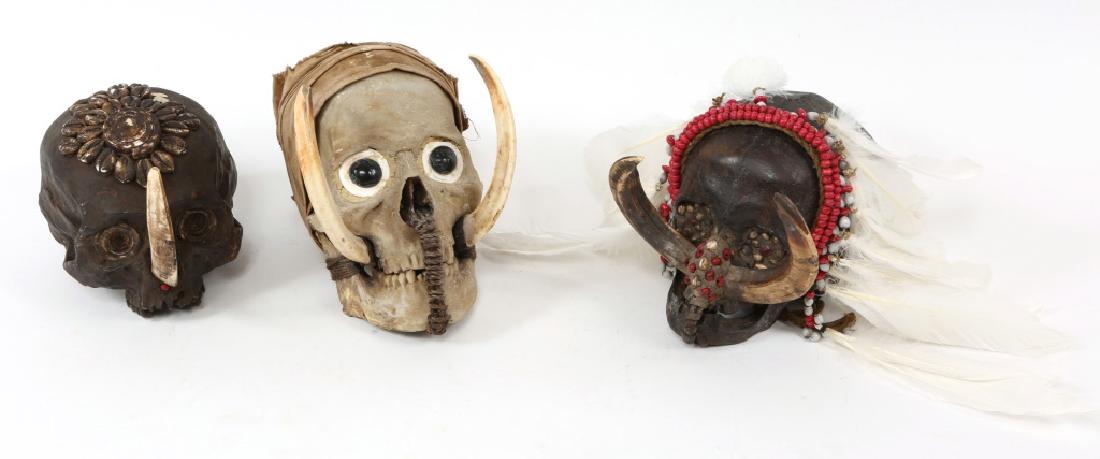 ASMAT TROPHY SKULL MODEL LOT OF 3: ASMAT TROPHY SKULL MODEL LOT OF 3 Three resin models of human trophy skulls with boar tusks decorated in the style of the Asmat people of New Guinea.