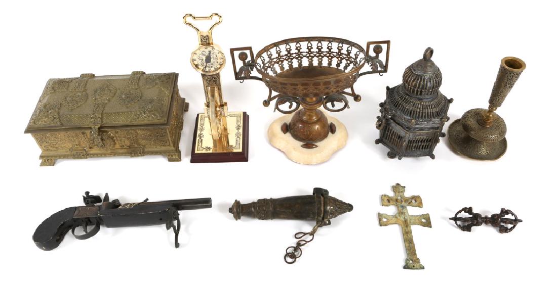 VINTAGE JEWELRY BOX, CENSOR, & DESKTOP ITEMS: VINTAGE JEWELRY BOX, CENSOR, & DESKTOP ITEMS Metal French gilt jewelry box, Indian hanging cage censor, candelabra, novelty flintlock pistol lighter, and more. Size: 8"-10"