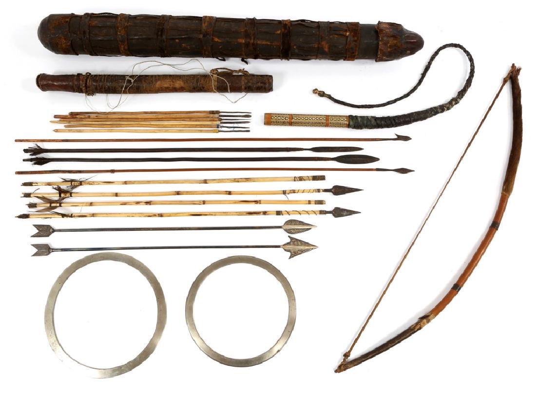 AFRICAN ETHNOGRAPHIC BOW AND ARROW LOT: AFRICAN ETHNOGRAPHIC BOW AND ARROW LOT Bow and several arrows from various regions of the world. Includes two modern all metal display Indo-Persian arrows, quiver with several short arrows, Congolese