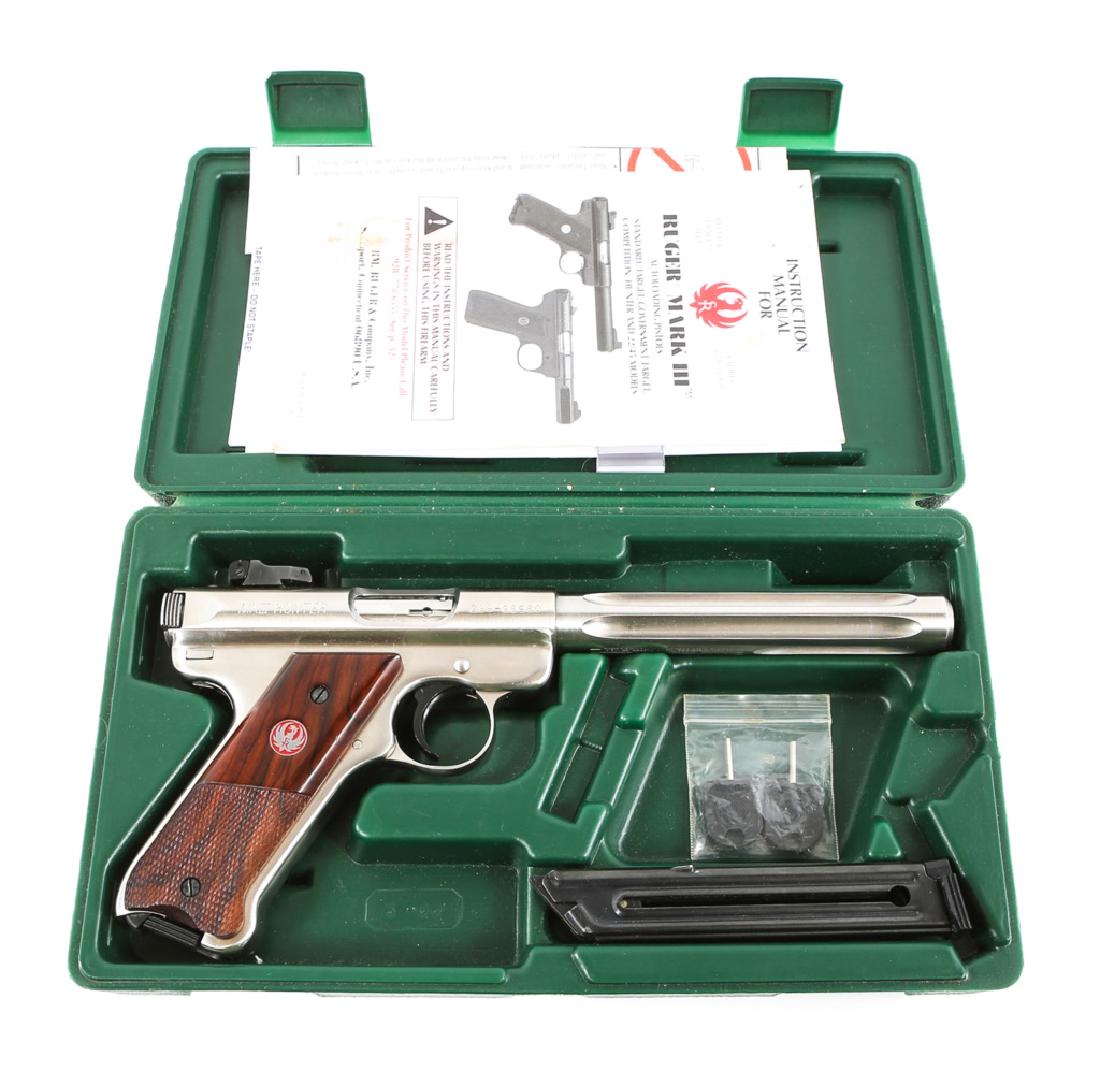 RUGER MODEL MK III HUNTER PISTOL .22 CALIBER: RUGER MODEL MK III HUNTER PISTOL .22 CALIBER Fluted barrel. Original box and accessories. Model: MK III Hunter Caliber / Gauge: .22 Barrel Length: 7" Serial Number: 229-28980