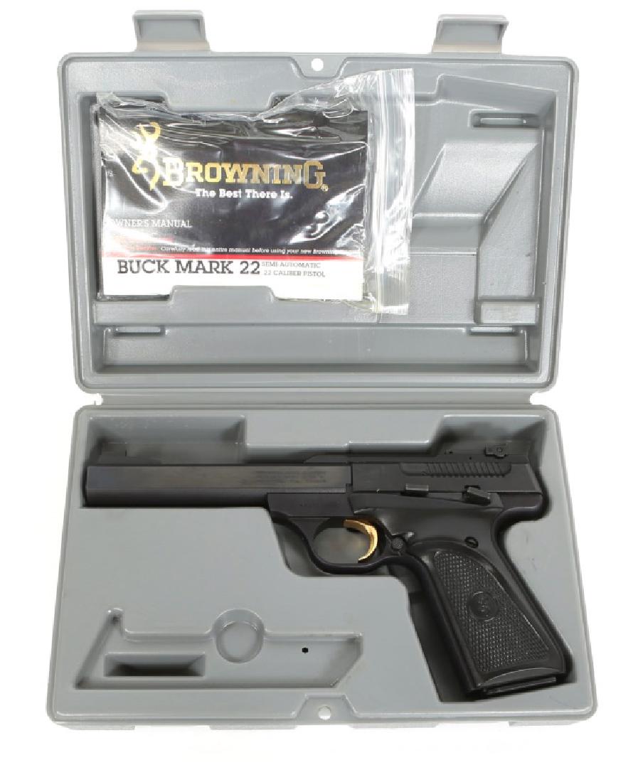 BROWNING ARMS BUCK MARK TARGET PISTOL .22 CALIBER: BROWNING ARMS BUCK MARK TARGET PISTOL .22 CALIBER In original case. Model: Buck Mark Caliber / Gauge: .22 LR Barrel Length: 5.5" Serial Number: 655NR16899