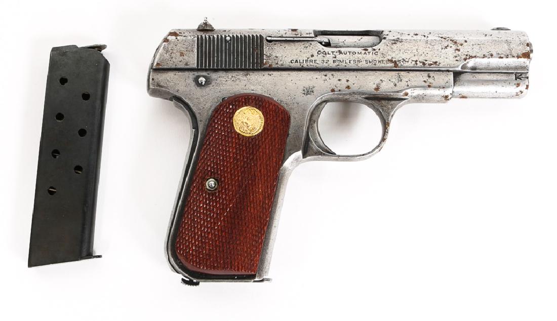1919 COLT MODEL 1903 HAMMERLESS PISTOL .32 CALIBER: 1919 COLT MODEL 1903 HAMMERLESS PISTOL .32 CALIBER Two magazines. Model: 1903 Caliber / Gauge: .32 Barrel Length: 4" Serial Number: 318021